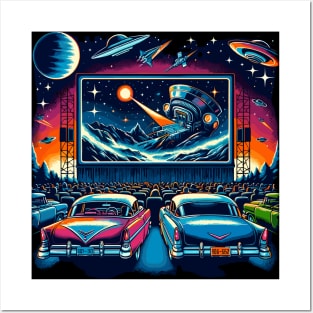 Galactic Cinema: Stellar Drive-In Movie Night in Space Posters and Art